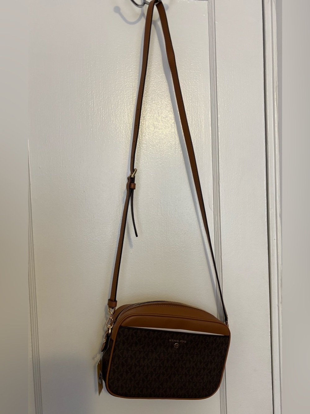 Michael Kors Brown MK Monogram Cross Body Bag with Tan Trim